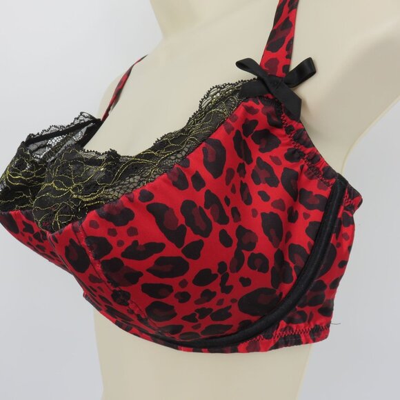 Cacique 42DD Black Red Leopard Animal Print Gold Lace Bow Underwire Bra Sexy - Picture 4 of 12